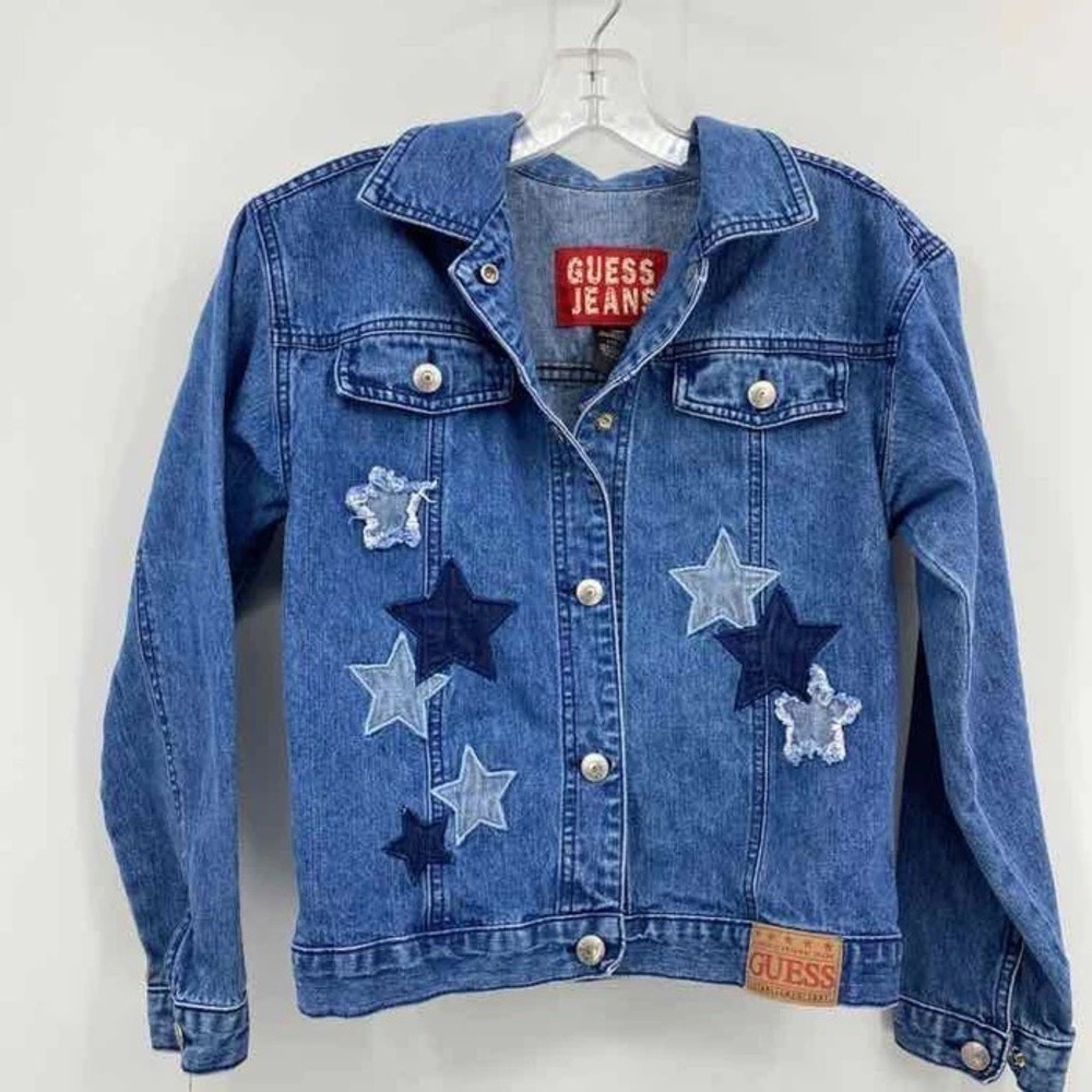 Guess Vintage Girls Size L 14 Blue Stars Americana Denim Trucker Jean Jacket